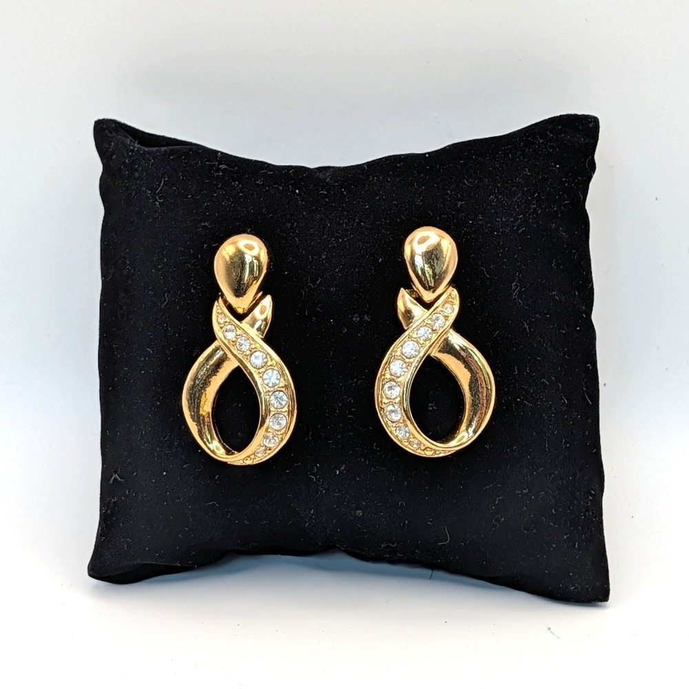Avon Gold Tone Rhinestone‎ Infinity Loop Drop Earrings Vintage Post Back